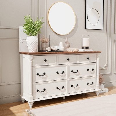 Farmhouse 7 Drawers Dresser for Bedroom with 4 Solid Wood Feet & Column Decor & Metal Slide, Storage Dressers for Bedroom