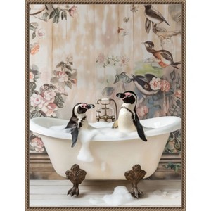 Amanti Art Penguin Pals in a Bubble Bath by Niky Rahner Framed Canvas Wall Art - 1 of 4