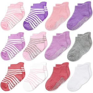 Cozyway Non-Slip Ankle Style Socks with Grippers, 12 Pack for Baby Girls, 3-5 Years - Pink/Purple/White/Gray Stripes & Solid - 1 of 4