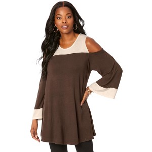 Roaman's Women's Plus Size Colorblock Cold-Shoulder Tunic - 1 of 4