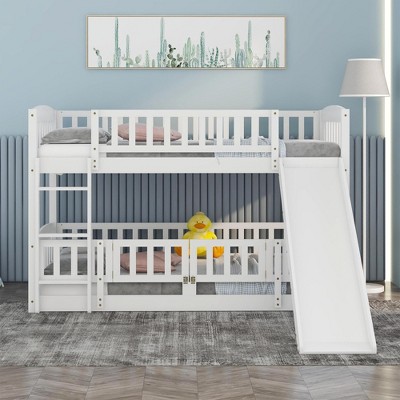 VYNXARIA Twin Over Twin Bunk Bed with Slide & Fence - Fun Low Bunk Bed for Kids & Teens in White