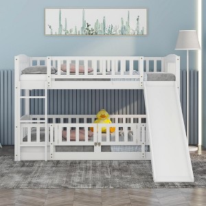 VYNXARIA Twin Over Twin Bunk Bed with Slide & Fence - Fun Low Bunk Bed for Kids & Teens in White - 1 of 4
