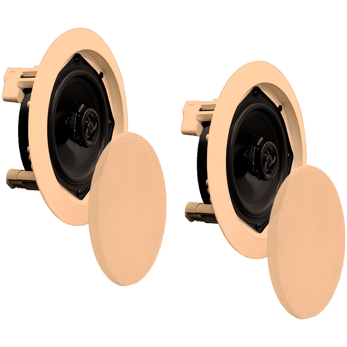 Pyle 2 Pair Speakers, 200W 6.5" Round Flush Mount In Wall/In Ceiling Home Speakers with Spring-Loaded Terminals, PDIC Series, Tan - thumbnail 6