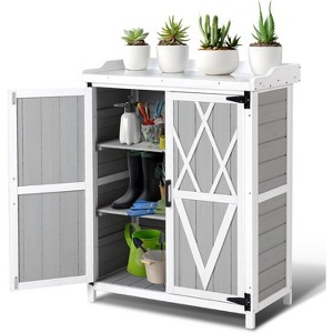37 Inch Outdoor Wooden Storage Cabinet with Metal Top,Waterproof Double Door Garden Potting Workbench with Adjustable Shelves for Backyard,Patio,Lawn - 1 of 4