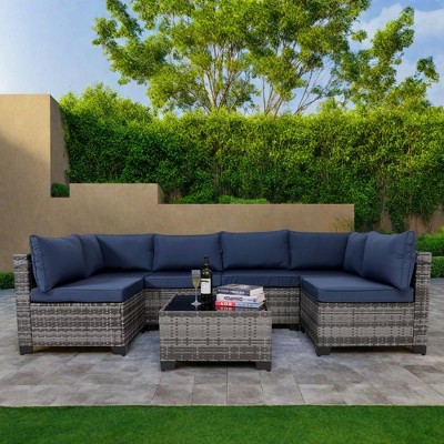 FURNIinspire Patio Seating Sets 7 Piece Outdoor Patio Furniture Sets, Modern Wicker Sectional Sofa With Coffee Table And Blue Seat Cushion , Gray