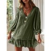 Womens Ruffle Peasant Dress V Neck 3/4 Sleeve Front Button Flowy Dress Beach Sundress Linen A Line Summer Mini Dress Babydoll Dress - 4 of 4