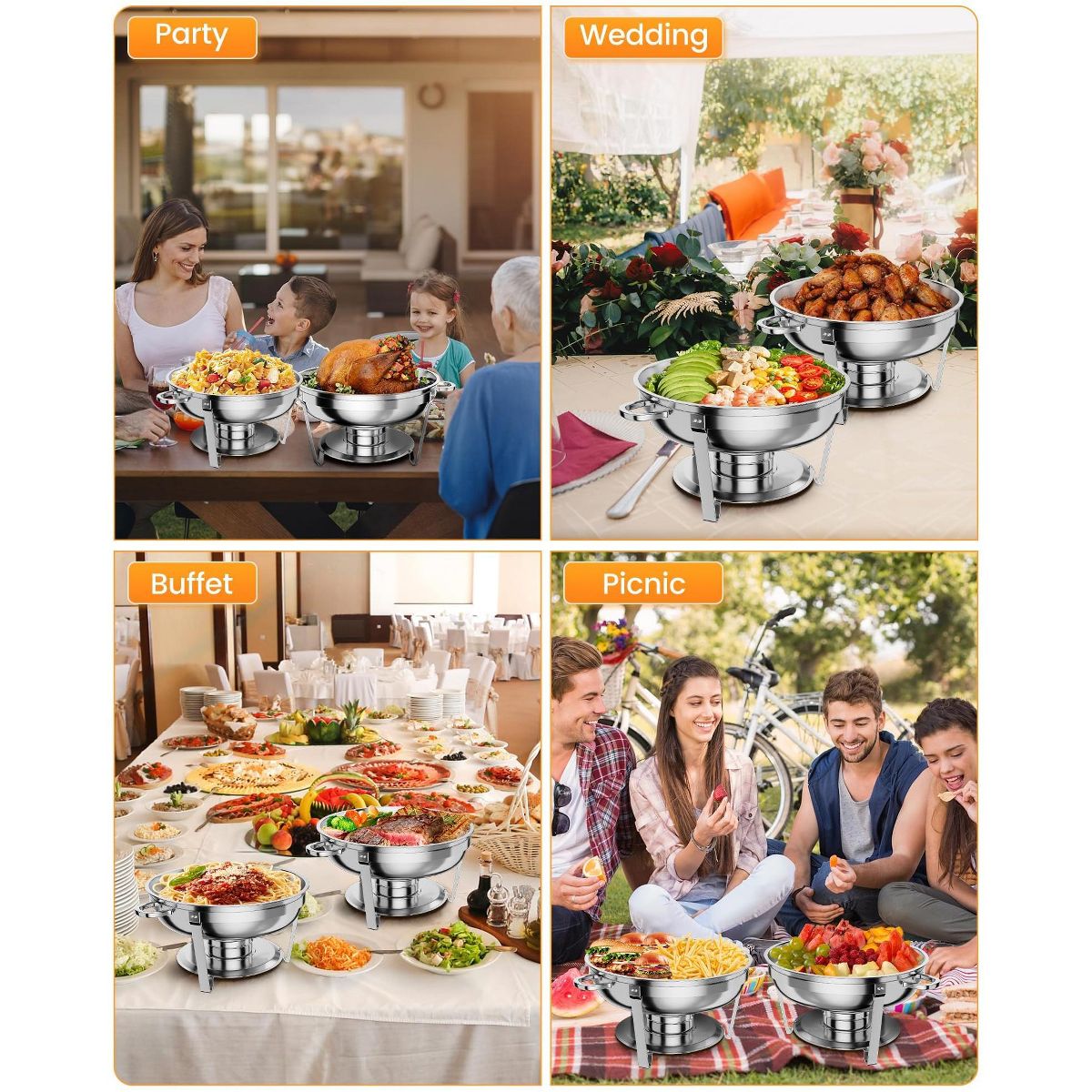 5QT Round Chafing Dish Buffet Set - Stainless Steel Food Warmer for Catering and Parties, Silver - thumbnail 8
