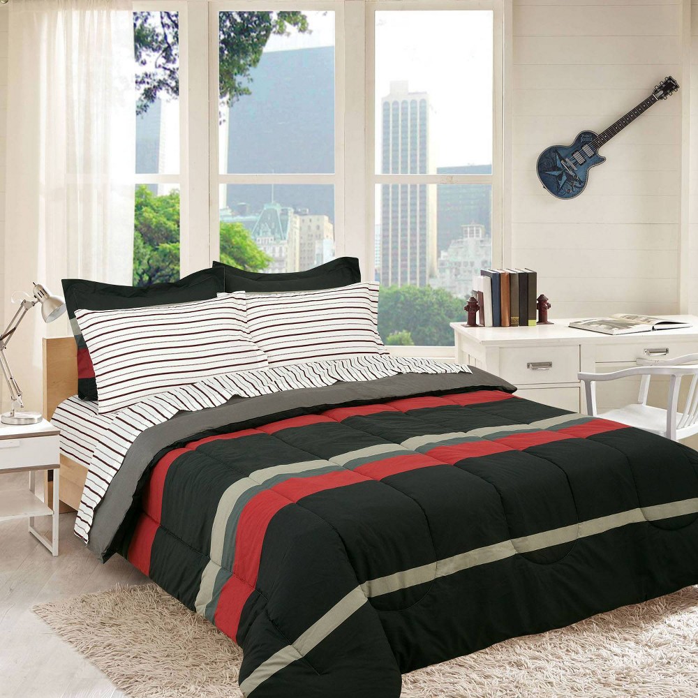 Photos - Duvet Twin Rugby Striped Super Soft Kids' Bed in a Bag Red - Brooklyn Flat