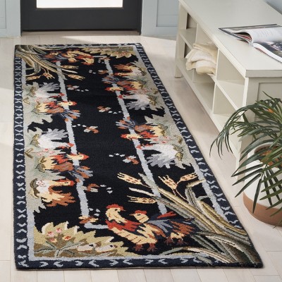 Black Floral Handmade Wool Runner Rug 30" x 10"