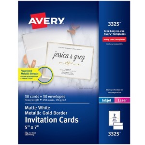 Avery Laser/Inkjet Invitation Cards 5" x 7" White/Gold 30 Cards & Envelopes/Pack (3325) - 1 of 4
