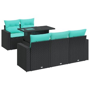 vidaXL Patio Sofa Set with Cushions Sofa Sections 6 Piece Poly Rattan Acacia - Black - 1 of 4