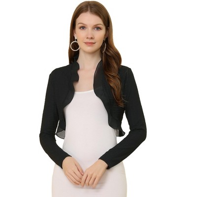 Allegra K Women's Elegant Ruffle Collar Crop Knit Open Front Shrug