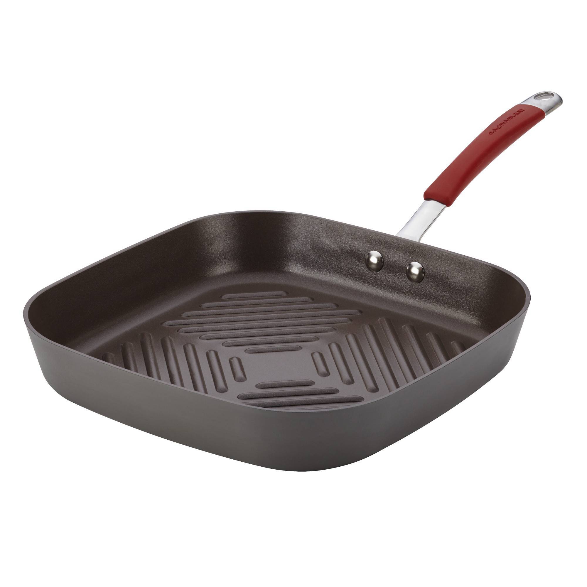 Rachael Ray 11" Hard-Anodized Nonstick Deep Square Grill Pan - Gray with Cranberry Red Handle: Griddle Pan, Rust-Resistant