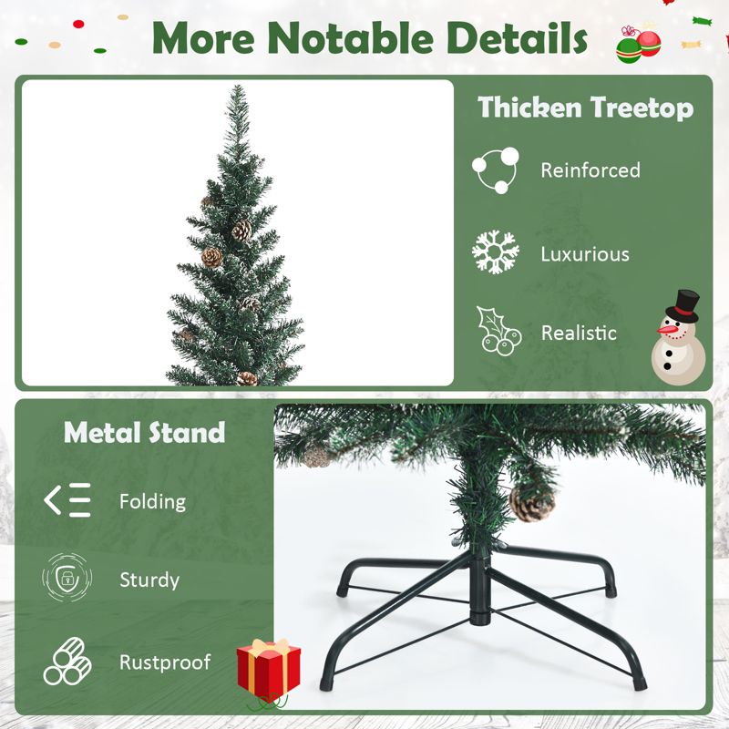 Tangkula 5/6/7FT Slim Pencil Tree Snowy Artificial Christmas Tree with 214/267/351 PVC Branch Tips & 25/31/41 Pine Cones Full Holiday Decoration Tree for Xmas, 5 of 11