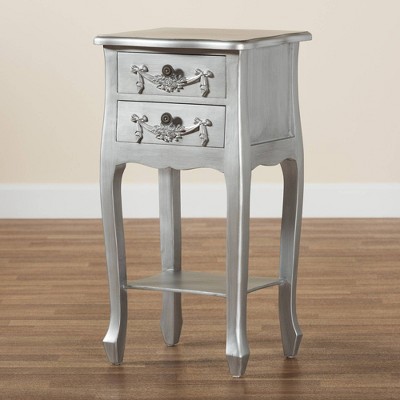 Eliya Silver Brushed Wood 2-Drawer Accent Table with Carved Details