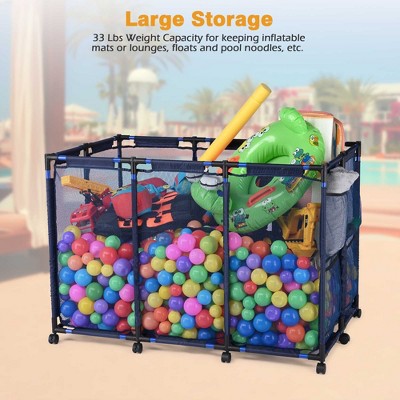 Extra Large Blue Mesh Rolling Pool Storage Bin with Metal Frame