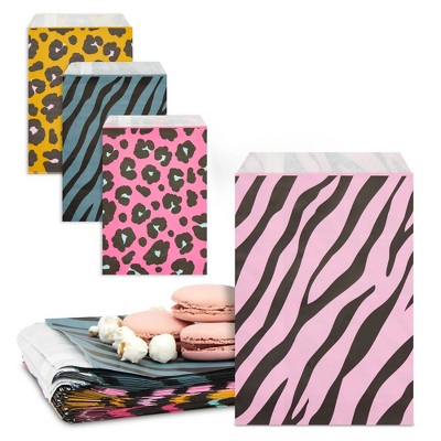 Sparkle and Bash 100 Pack Animal Print Paper Goodie Treat Bags for Safari kids Birthday Party Favors, 4 Designs, 6 x 9 in
