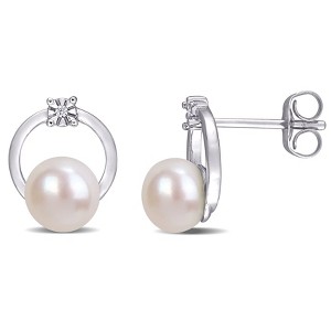 EVERLY JEWELRY | 10k White Gold 5.5 - 6 MM Cultured Freshwater Pearl and Diamond Circle Stud Earrings - 1 of 4