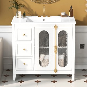 36" Solid Wood Bathroom Vanity with Soft Close Doors, 3 Drawers & Ceramic Sink, White/Lake Green Modern Storage Cabinet - ModernLuxe - 1 of 4