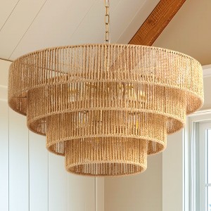 DORESshop  6-Light Bohomian Hand Woven Rattan Modern Ceiling Light, Brown Large Farmhouse Chandelier 4-Tier Rattan Shade for Living Room - 1 of 4