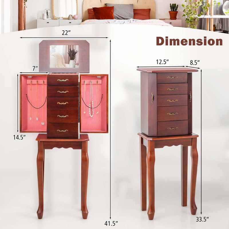 Costway Jewelry Cabinet Storage Chest Stand Organizer Wood Box for Home Walnut, 3 of 11