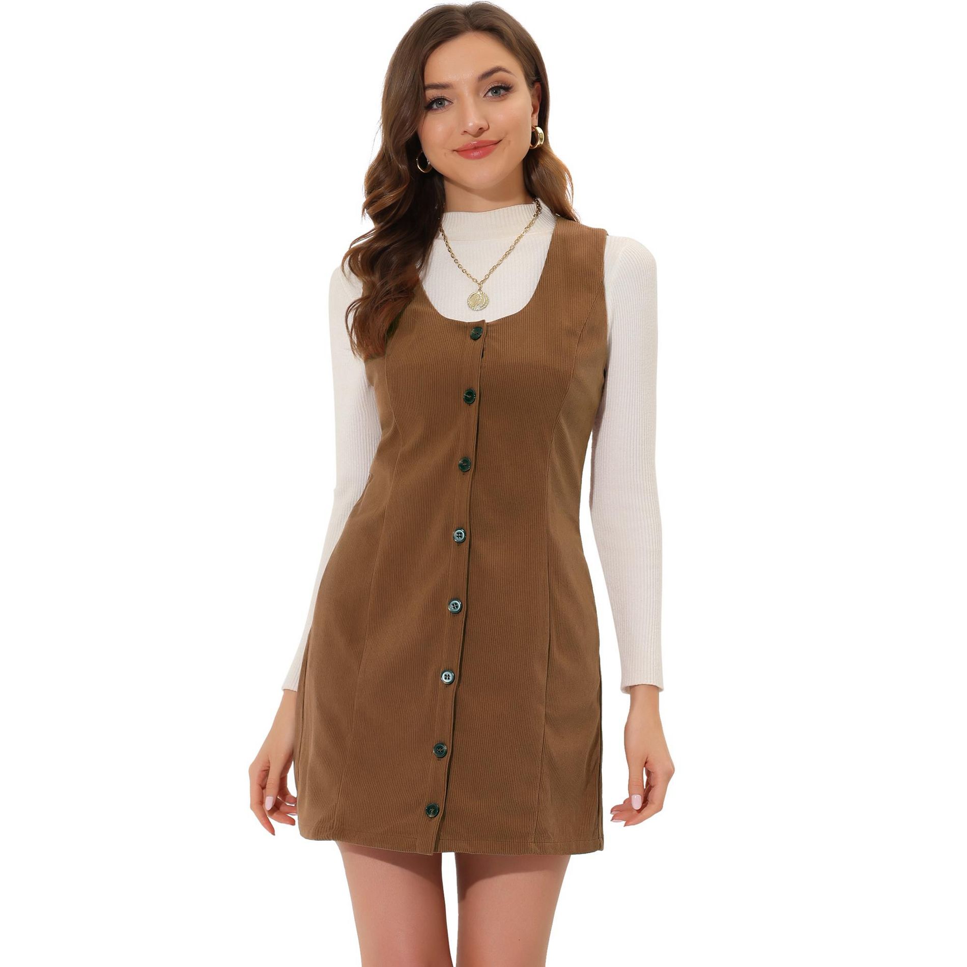 INSPIRE CHIC Women's Corduroy Button Down Scoop Neck Pockets Casual Pinafore Overall Dress