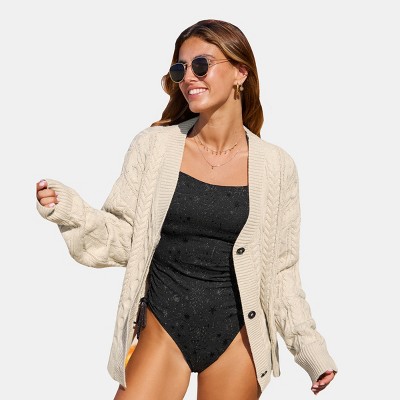 Women's Oatmeal Chunky Cable Knit Open Cardigan - Cupshe