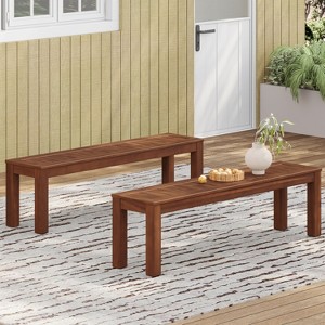 Wooakway Rustic 62" L Weather-resistant Acacia Wood Patio Bench with Classic Slat Panel Solid Hardwood Frame for Garden Sunroom Poolside Set of 2 - 1 of 4