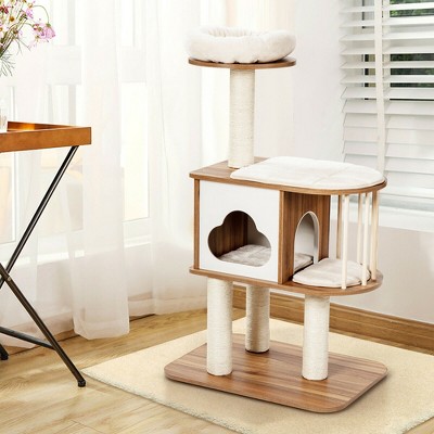 Natural Wood and Sisal 46'' Cat Tree with Platforms and Cushions