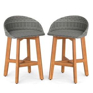 Costway Outdoor Faux Rattan Bar Chairs Set of 2/4 Solid Acacia Wood Bar Stools for Porch Brown/Gray - 1 of 4