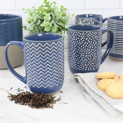 Blue Ceramic 19 Ounce Assorted Design Mug Set
