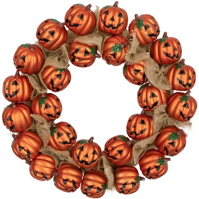Northlight Jack-O-Lantern and Burlap Ribbon Halloween Wreath - 20" - Unlit