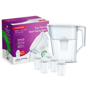 Aqua Optima 5-Cup Water Filter Pitcher Bundle, 6 Compact Filters, Improves Taste, BPA Free, WQA Certified, Liscia Design (White) - 1 of 4