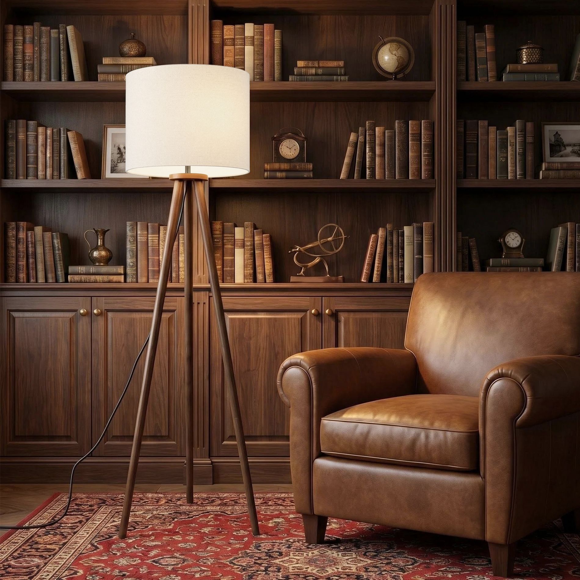 60.5" Nordic Style Tripod Floor Lamp, UL Certified, with Natural Wood Base and Cream Linen Shade, Adjustable Standing Lamp for Bedroom, Living Room