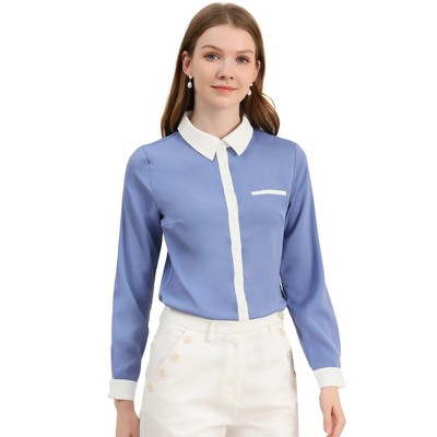 INSPIRE CHIC Women's Contrast Collar Chiffon Long Sleeve Work Office Blouse