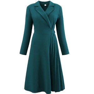 INSPIRE CHIC Women's Notch Lapel Wrap Neck Long Sleeve A-Line Midi Pleated Dress - 1 of 4
