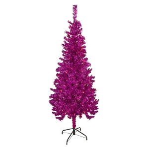 Northlight 6' Pre-Lit Pink Artificial Tinsel Christmas Tree, Clear Lights - 1 of 4