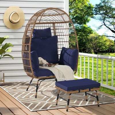 Patio Oversized Wicker Egg Chair,Outdoor Rattan Egg Chair With Ottoman And Cushions,PE Rattan Eoven For Backyard Balcony-Coolbibila
