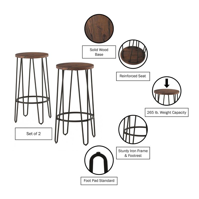 Lavish Home Set of 2 Counter-Height Bar Stools - Round Wood Barstools with Hairpin Legs, 4 of 9