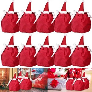 Christmas Drawstring Gift Bags, 5Pcs Flannel Holiday Treat Pouches with Santa Hat Design for Candy Snacks, Party Favors for Xmas Birthday Wedding - 1 of 4
