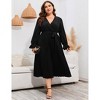 Women's V - Neck Pleated Long - Sleeve Midi Dress with Waist Tie, Flowy & Elegant for Formal Occasions - 2 of 4