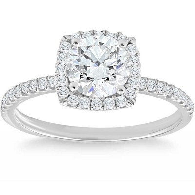 Pompeii3 1 3/4 Ct TW Moissanite & Diamond Cushion Halo Engagement Ring in 14k White Gold