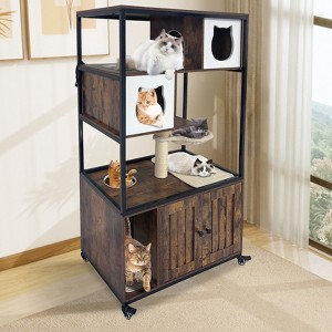 Hidden Litter Box Cat Tree with Litter Box Enclosure, 57.5'' Wooden Modern Cat Tower On Wheels Metal Frame with Hammock, Scratching Mat & Post - 1 of 4