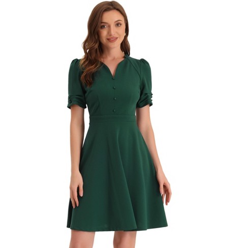 Allegra K Women's Elegant V Neck Puff Short Sleeve Work Office Flared  Dresses Dark Green X-large : Target