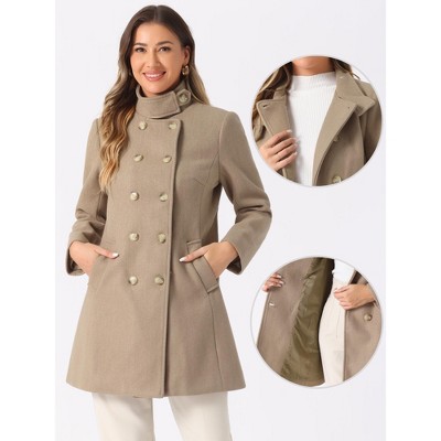Allegra K Women's Winter Double Breasted Stand Collar Side Pocket Vintage Pea Coats Small Brown — фото 2
