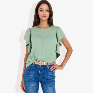 Anna-Kaci Women's Ruffled Sleeve Round Neck Blouse Elegant Flowy Casual Top - 1 of 4