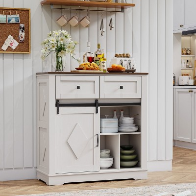 KTMBDW Farmhouse Sideboard Buffet Cabinet with 2 Drawers , Coffee Bar Storage with Sliding Barn Doors, Shelf for Dining Room, Living Room, White