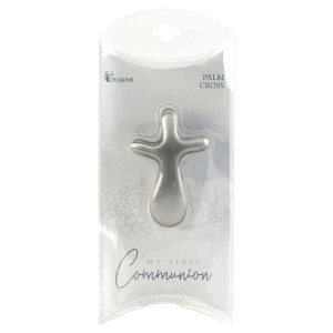 Dicksons Curved Design My First Communion Brushed Pewter Tone Finish Silver 2.5 x 1.5 Zinc Alloy Metal Palm Cross - 1 of 2