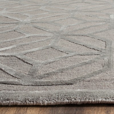 Gray Geometric Hand-Knotted Wool and Viscose 6' x 9' Rug