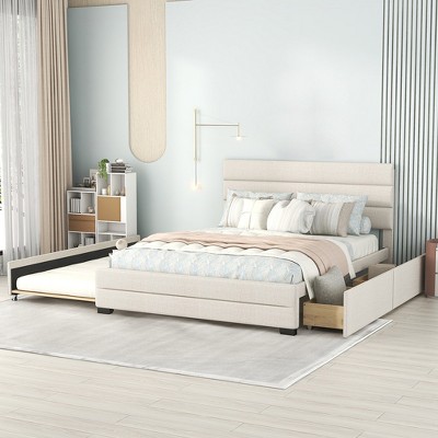 Queen Size Bed Frame with Twin Size Trundle, Upholstered Platform Bed Frame with Drawers, Linen Bed Frame with Headboard, Wood Slats Support